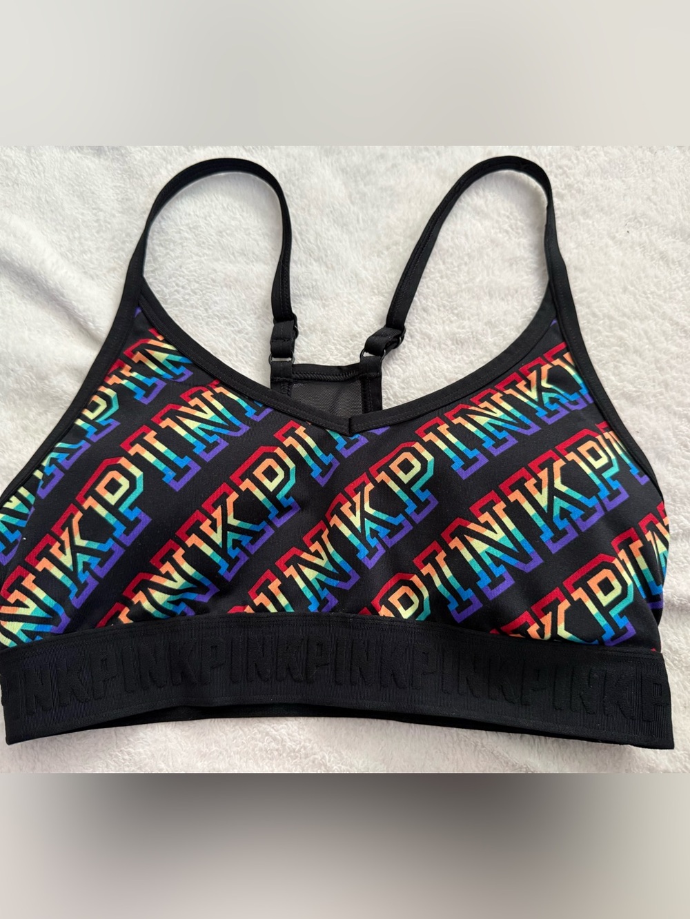 PINK Victoria's Secret Black Bralette with Rainbow Logo Print